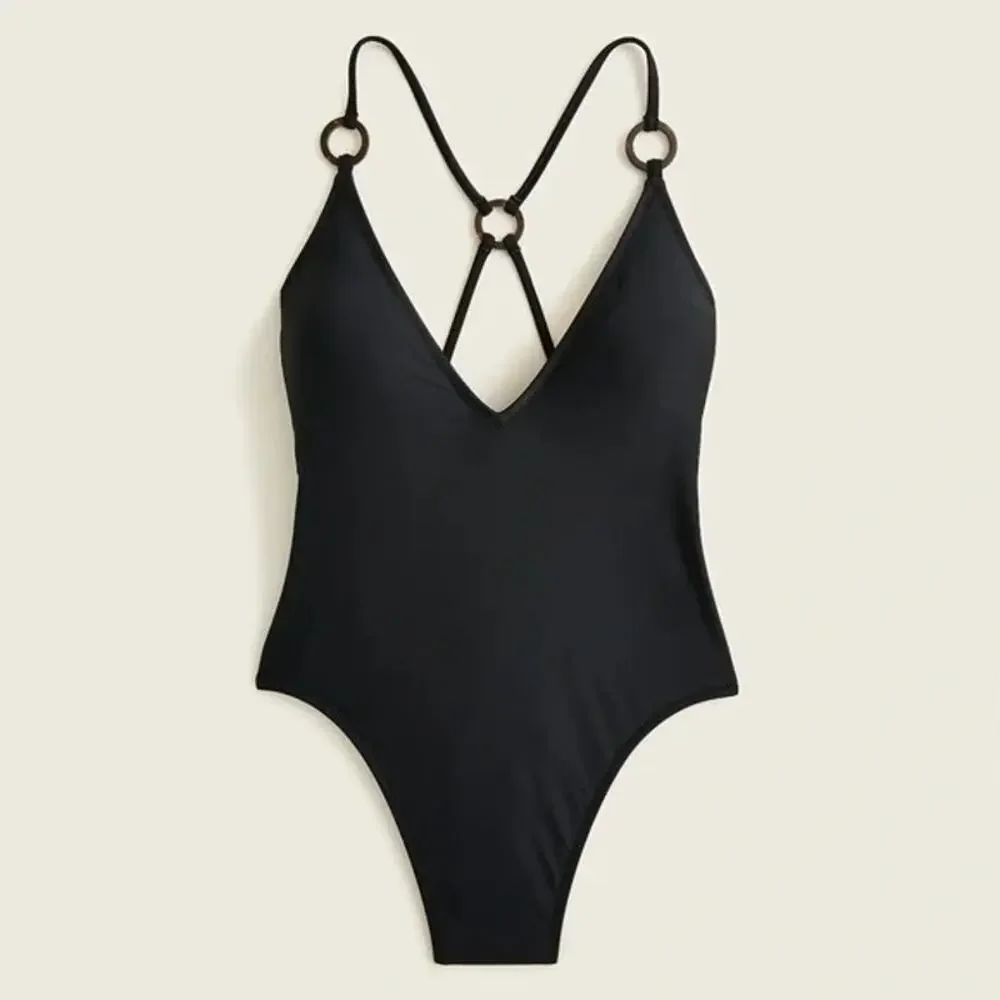 NWT J. Crew Black O-ring V-neck One-Piece Swim Bathing Suit Women's Size 24